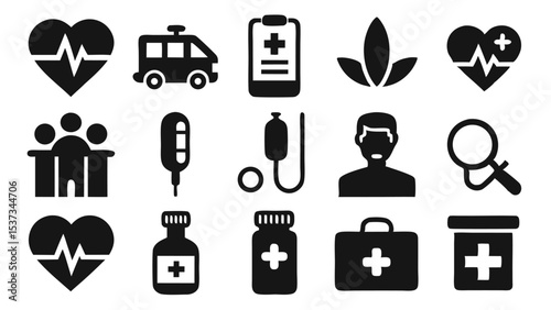 Collection of healthcare and medical icons representing hospitals clinics and first aid services