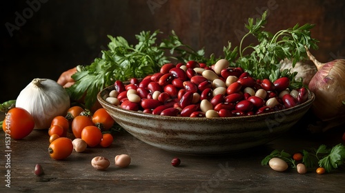 Realistic Still-life Scene of a Refined Bowl Featuring Pinto, Cranberry, Borlotti, and Crimson Beans with a Medley of Organic Vegetables in a Nutritious Vegetarian Setting