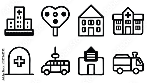 Collection of iconography illustrations depicting essential emergency and healthcare related buildings and vehicles