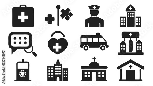 Collection of medical and healthcare icons representing various facilities and emergency services