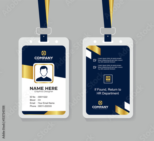 Modern Navy Blue White and Gold Office ID Card Design with QR Code for Company Staff and Employee
