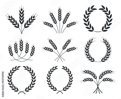 Collection of Wheat and Laurel Designs in Black Silhouette on a White Background for Logos Emblems or Other Design Elements