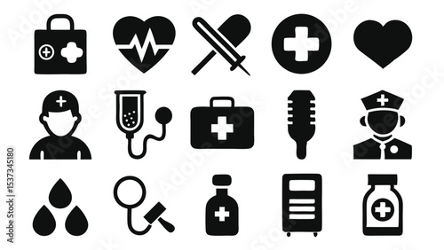 Collection of medical icons in a simple black and white style for health concepts