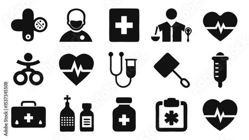 Collection of minimalist medical icons representing healthcare and emergency concepts