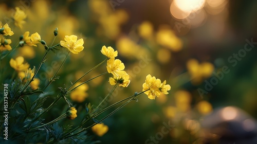 Field of Yellow Buttercups in Golden Hour Light, Symbolizing Springtime Beauty and Floral Abundance