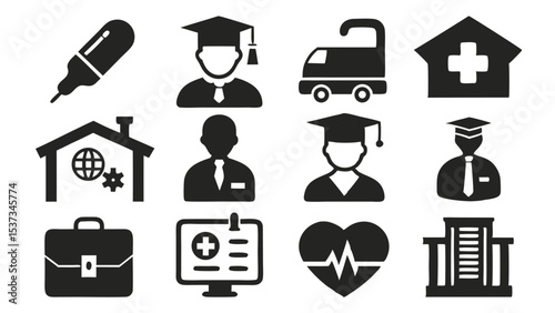 Diverse icons representing healthcare professions education globalization and related themes