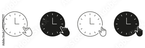 Clock With Hand Pointer Line And Solid Icon Set. Time Management, Scheduling, And User Interaction Symbol Collection. Concept Of Setting Alarms And Reminders. Isolated Vector Illustration
