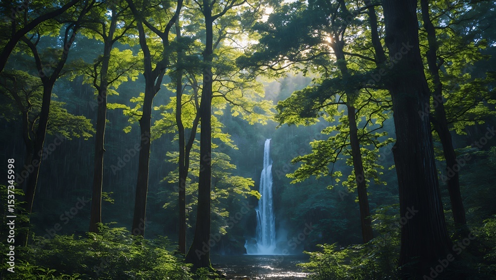 Fototapeta premium Waterfall flowing through lush green forest with sun rays shining through