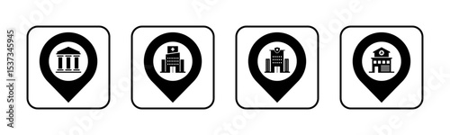 Public building and Pin icon set illustration vector. Courthouse, Hospital, Police Station, Fire Station, with location sign and symbol.