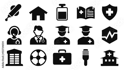 Medical and healthcare icons set depicting various health professions and equipment in black