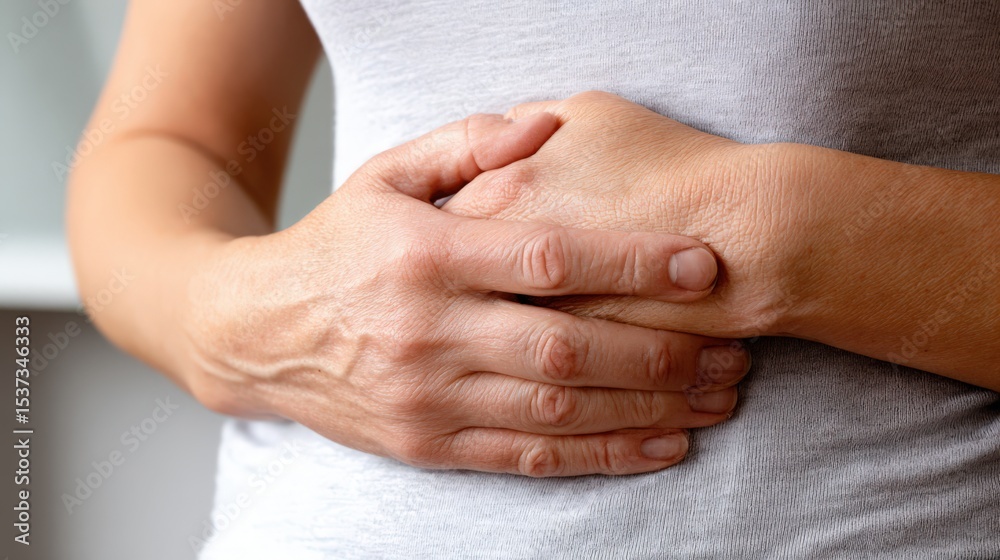 Fototapeta premium Woman Holding Stomach in Pain, Representing Healthcare, Digestion Issues and Medical Conditions