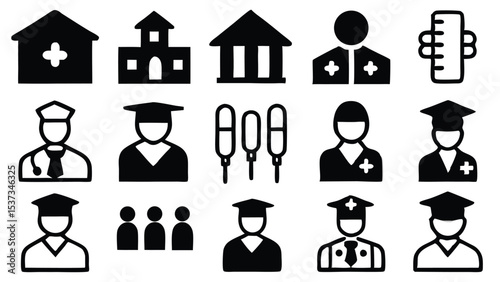 Monochrome medical and educational icons representing healthcare and academic professionals
