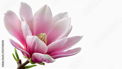 Single pink magnolia flower isolated on white background. Image suitable for botanical, floral, or spring-themed design and educational use.