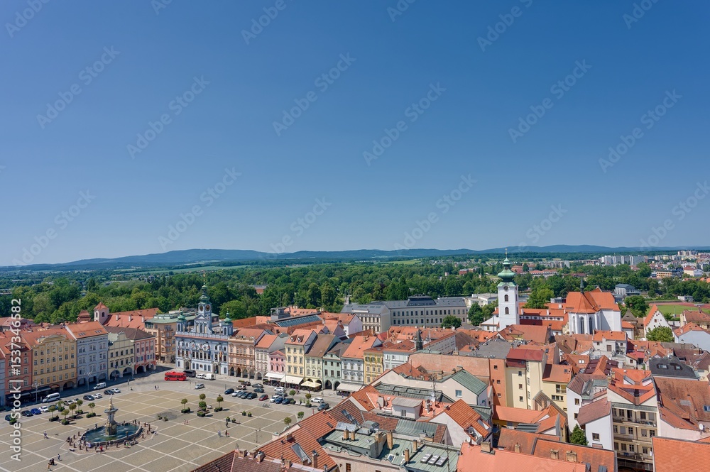Obraz premium View of České Budějovice from the Black Tower, sunny day in June