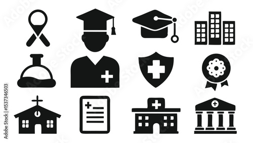 Set of medical and healthcare icons featuring graduation, laboratory, hospitals, and symbols