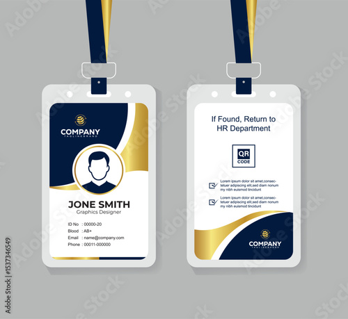 Premium Navy Blue and Gold ID Card Template with QR Code for Corporate Employees and Staff Identity