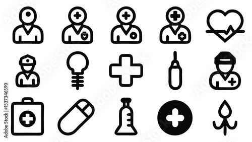 Set of medical icons depicting healthcare professionals and essential medical symbols in outline style