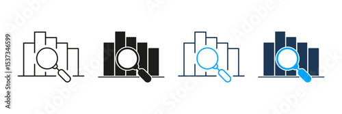 Bar Chart With Magnifying Glass Line And Solid Icon Set. Data Analysis, Business Insights, And Statistical Evaluation Symbol Collection. Financial And Market Research. Isolated Vector Illustration