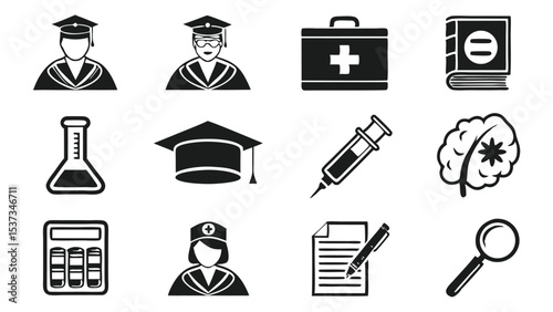 Simple black and white academic and medical icons for education and healthcare concepts
