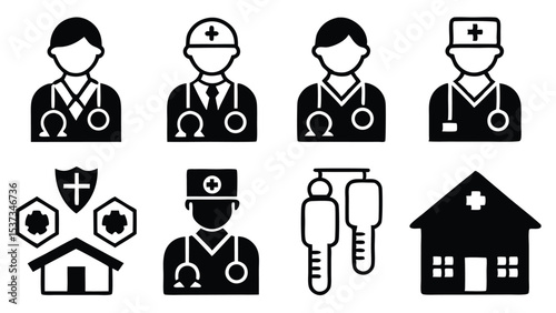 Simple black and white healthcare icons depicting doctors medical equipment and hospital buildings