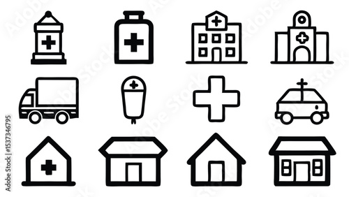 Simple healthcare icons representing hospitals medical services and related supplies