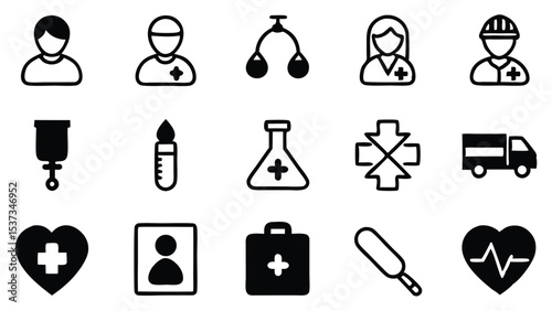 Simple monochrome icons depicting various aspects of healthcare and medical procedures.