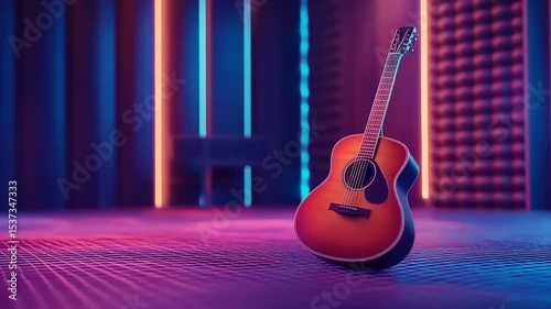 Acoustic guitar standing alone in a vibrant music studio with colorful neon lights
