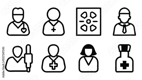 Vector illustrations of medical and healthcare professionals and supplies in outline style for design use