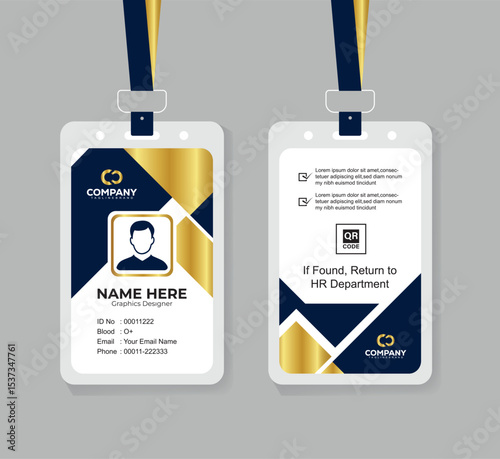 Premium Navy Blue and Gold ID Card Template with QR Code for Corporate Employees and Staff Identity