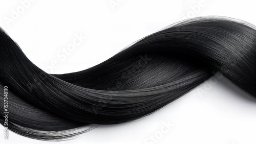 Smooth black hair isolated on white background, for beauty or haircare design. Useful for product advertising, salon branding, or cosmetic presentations.