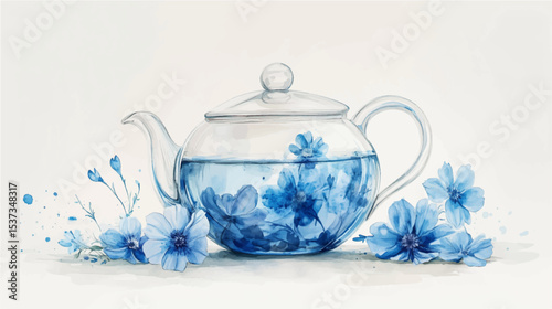 Vector illustration, hand drawn watercolor floral tea in glass teapot isolated on white background. Healthy floral drink