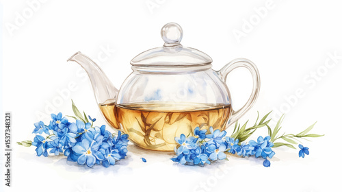 Vector illustration, hand drawn watercolor floral tea in glass teapot isolated on white background. Healthy floral drink