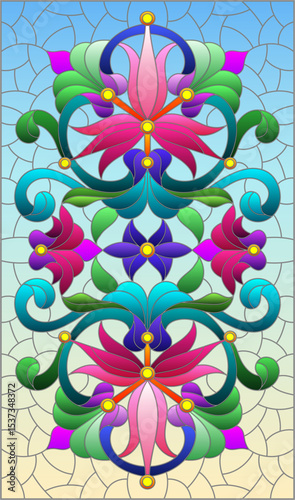 Illustration in stained glass style with abstract flowers, leaves and curls on a blue background, rectangular horizontal image