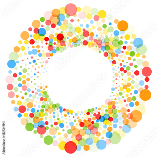 Rainbow colored spots, circle round frame, vector pattern features a dynamic ring of overlapping multicolor circles that form a festive spiral, multicolor dots create a playful energetic design, perfe