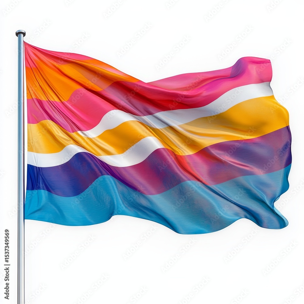 Fototapeta premium A vibrant, multicolored flag with flowing horizontal stripes of pink, orange, white, yellow, purple, and blue waving on a flagpole against a white background.