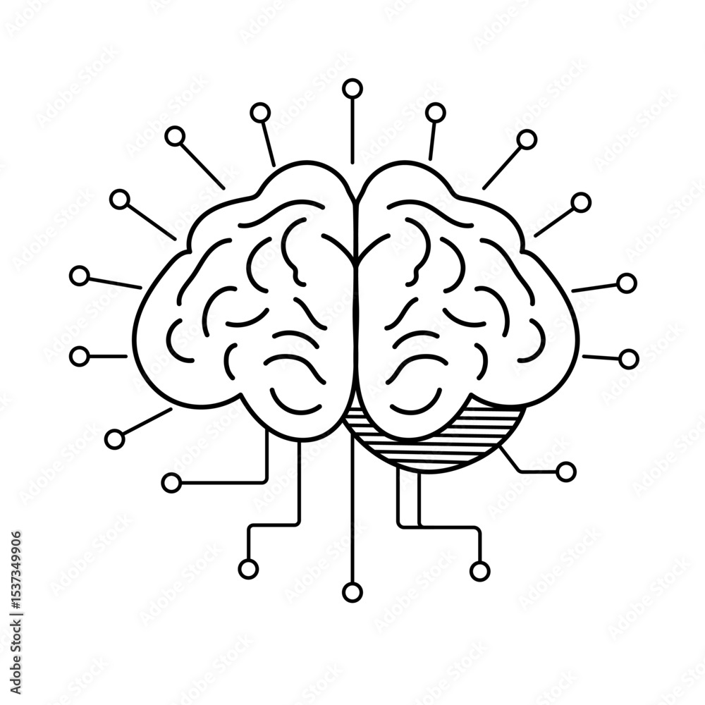Brain outline icon with evenly spaced neural connections, ideal for concepts of automation, artificial intelligence and futuristic data.