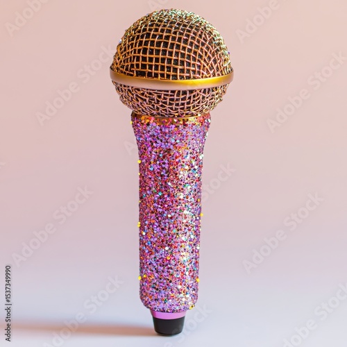 A glittery, colorful microphone stands upright against a soft gradient background, combining sparkle with a sleek, modern design.