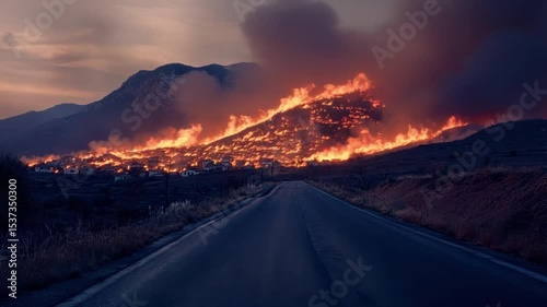 Wildfire burning near a village by the road.Raging wildfire consuming a mountainside near a village, viewed from a road