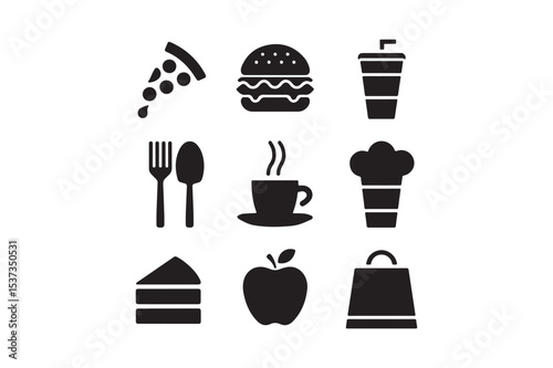 Food and Drink Icon Set Pizza, Burger, Coffee, Dessert, Kitchen Utensils