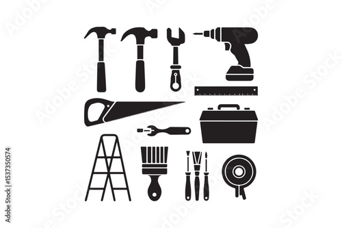 Construction and Repair Tool Icon Set Hammer, Drill, Toolbox, Paintbrush