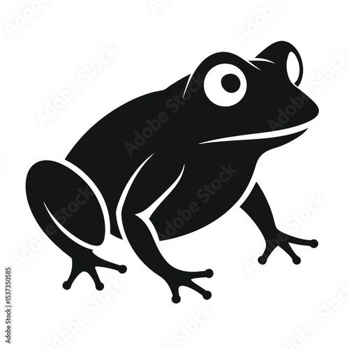 A black silhouette of a frog viewed