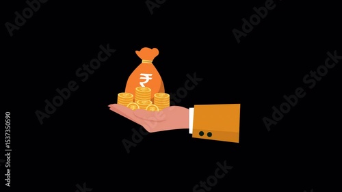 Animated Hand Holding Money Bag with stack of coins on transparent Background