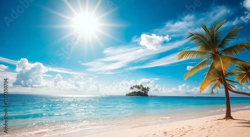 Tropical Beach With Palm Tree Under Bright Sun