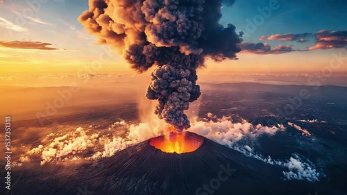 Volcano erupting at sunset with ash cloud rising.Orange lava erupts from volcano crater with large ash cloud rising at sunset