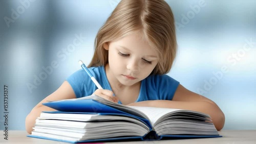 Young girl carefully writing in notebook at desk.Focused young girl diligently writes in notebook, showcasing concentration and learning