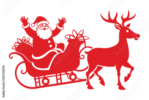 Red Santa Claus in Sleigh with Reindeer Silhouette on White Background