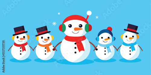 Group of Snowmen Holding Hands in a Row on Blue Background