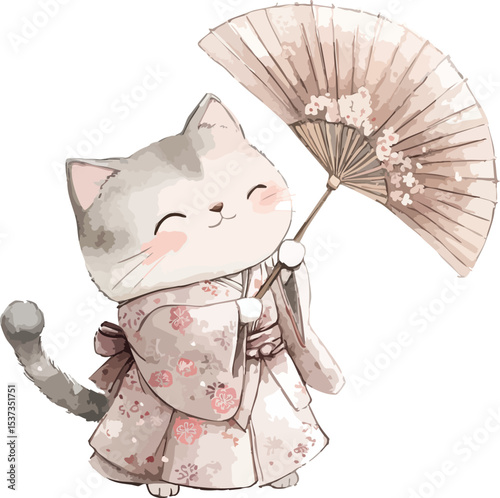 A smiling watercolor kitten dressed in a floral kimono holds a cherry blossom-patterned parasol, radiating charm and softness.