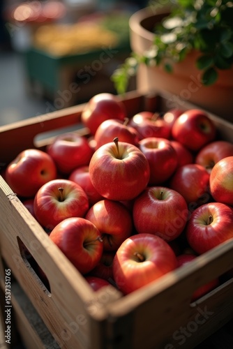Red apples in a wooden crate