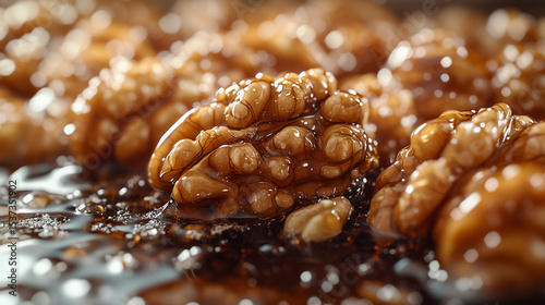 Deliciously caramelized walnuts glistening in rich syrup on a wooden surface